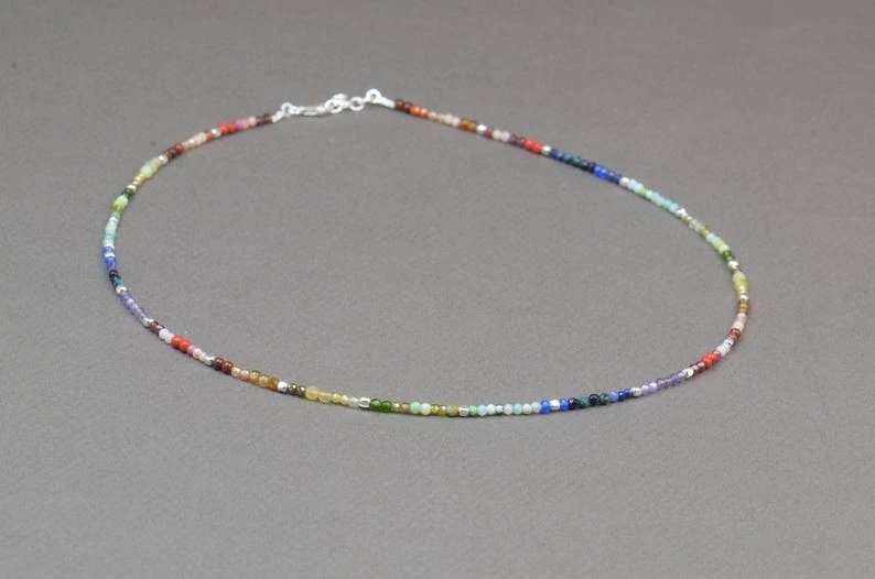 Collar gargantilla multi mezcla de piedras preciosas facetadas redondas 2-3 mm piedras preciosas con cuentas para mujer 18" Foto 3 de 4