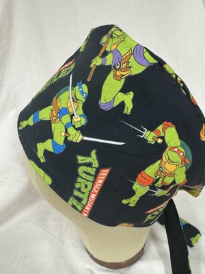 Men/Women Surgical Scrub Cap Lined Turtles Bright Green On Black Tie Back Cotton