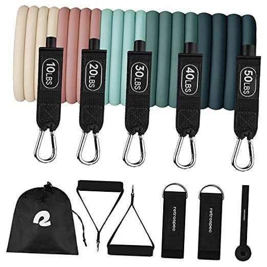 Train Resistance Bands Set (5pc) Workout Bands w/Handles, Door Anchor, Carry