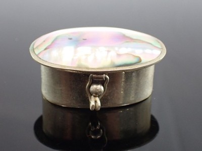 Vintage Mexican Alpaca Silver Abalone Shell Hinged Pill Trinket Box Mexico
