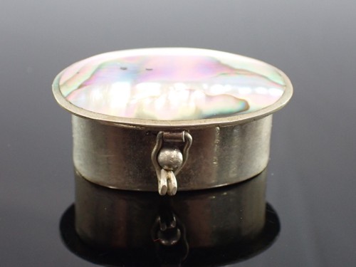 Vintage Mexican Alpaca Silver Abalone Shell Hinged Pill Trinket Box Mexico