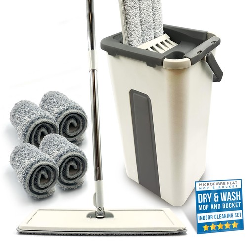 Flat Mop Bucket Set Head 4x Microfibre Pads Floor Kitchen Cleaning