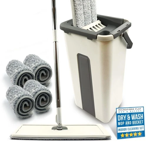 Flat Mop Bucket Set Head 4x Microfibre Pads Floor Kitchen Cleaning
