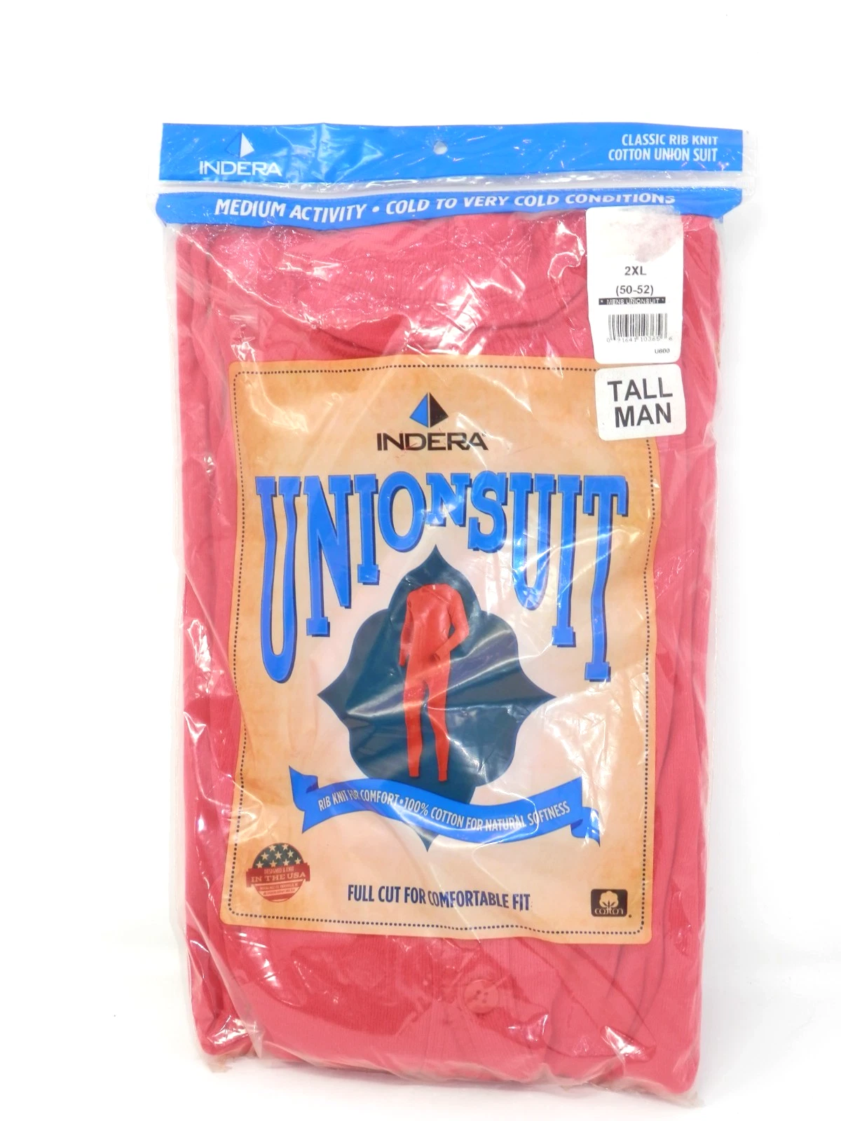 Indera Mens Unionsuit • Red XXL TALL Cotton Rib Knit Full Cut 50-52 New SEALED