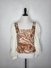 LOVE THE LABEL Smocked Bodice Blouse Women’s Medium Eyelet Puff Sleeve Zebra