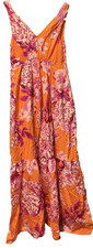 Anthropologie Maxi Dress XS Gathered Floral Orange V Neck Pockets Tiered Skirt