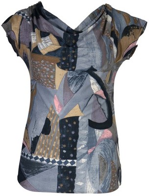 Womens Grey Brown Pink Print Cowl Neck Stretch Top Cap Sleeve Ladies