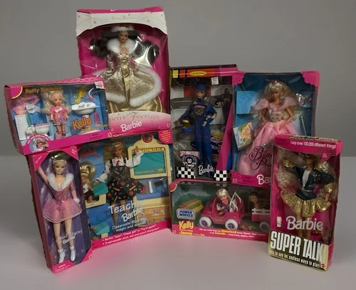 Barbie & Kelly Lot of 8 NASCAR Teacher Power Wheels Potty 90s Vintage In Boxes