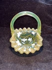 FENTON ART GLASS MINI BASKET GREEN/OPAL. RUFFLED HAND PAINTED