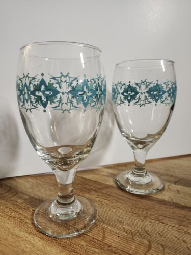 2- Libbey Water Goblets Teal Aqua Flowers 7" Vintage Drinking Glasses