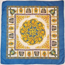 SCARF VINTAGE AUTHENTIC BAROQUE ART ANTIQUES VESSELS BLUE YELLOW SILK 35"SQUARE