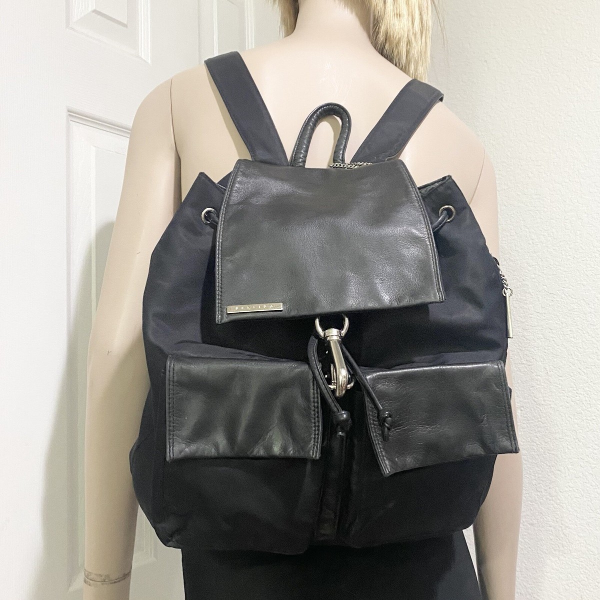 Vintage PERLINA Black Nylon & Leather Drawstring Backpack | eBay display picture 1