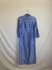 Satin Blue Floral Paisley Print Cheongsam Qipao Asian Long Dress Small