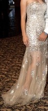 Silver Rhinestone Beaded Gown Tulle Gown See Through Nude Overlay Size 4