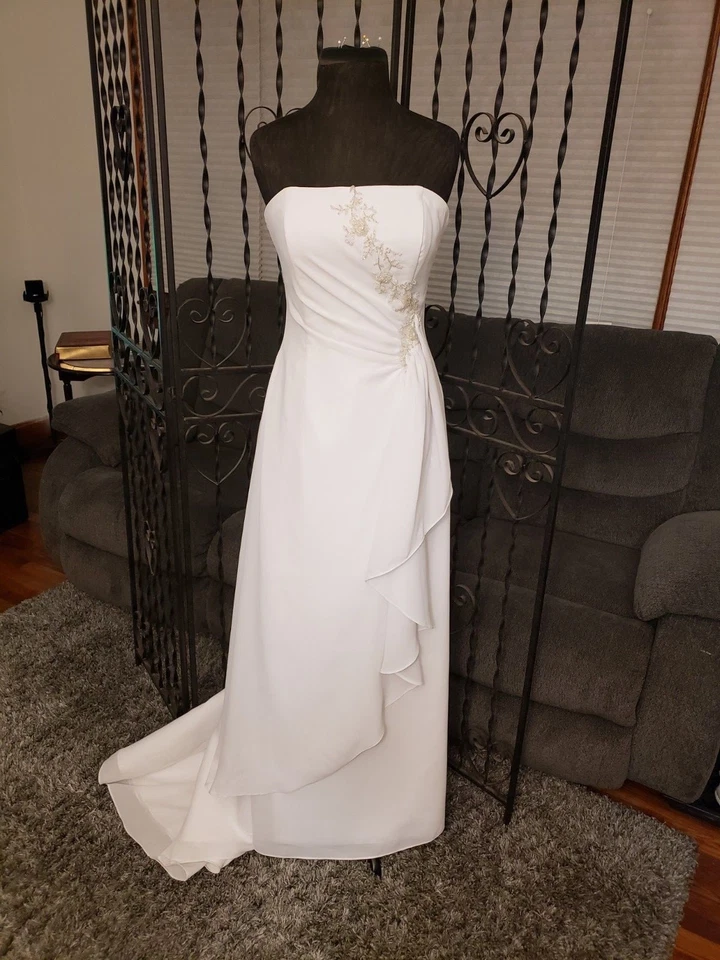 婚礼礼服非正式白色缎面雪纺帝国/自然腰围 A 字 10 码 — 第 3/4 张图片