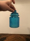 Beautiful Vintage Blue Honeycomb Optic Art Glass Dresser Jar w/ lid — photo 3