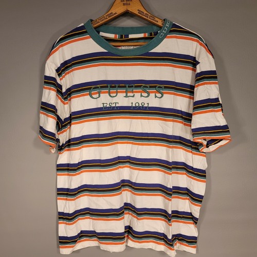 Guess Los Angeles Womens Sz Large Blue/Green/White Striped Embroidered  T-Shirt | eBay
