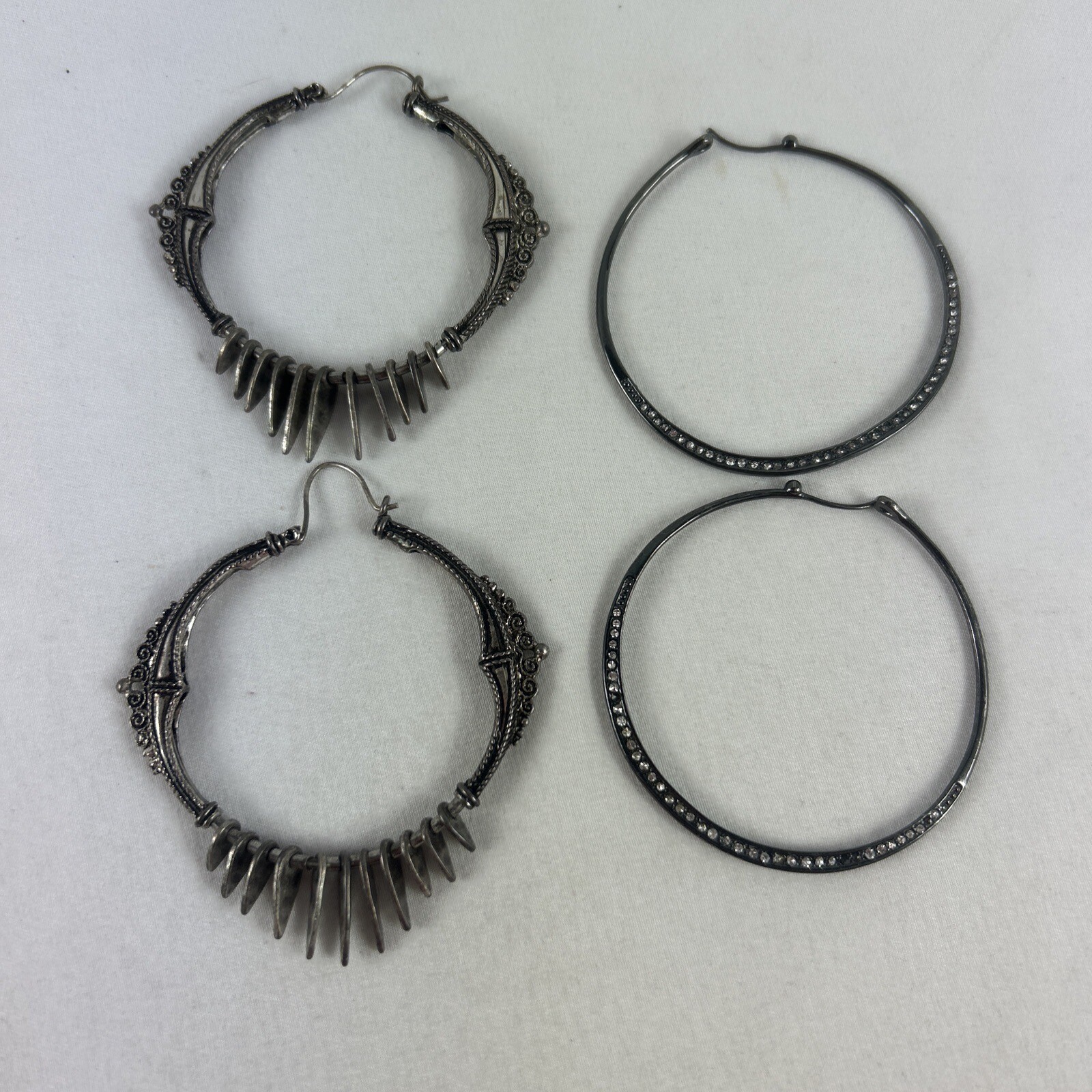 2 Pairs 2” Silver Tone Pierced Hoop Earrings with Rhinestones and Ornate Fringe-image