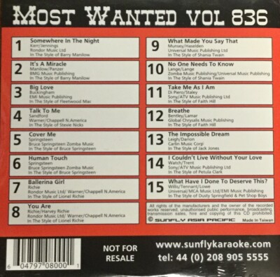 Sunfly Most Wanted (SFMW836) - Karaoke CDG-Disc