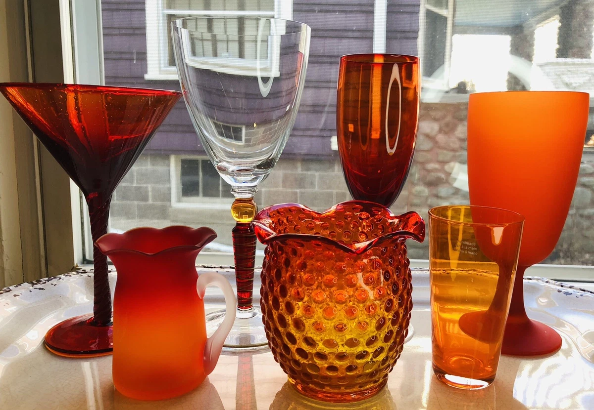 Pair of Tall Red Martini Glasses/red Bowl Clear Stem Cocktail Glasses 