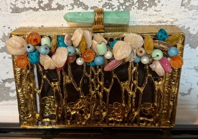 NEW Ramla Handmade Beaded Stone Brass Clutch Purse Gold Clutch Handbag w Chain