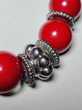 N459 Vtg Red Chunky Bead Statement Necklace SilverTone Spacer Beads Boho 18 20"