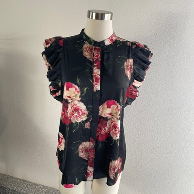 NEW Express Womens Medium Gramercy Floral Button Up Shirt Flutter Sleeve Top