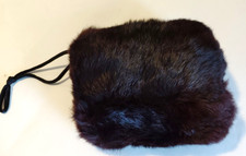 Vintage Childs Black Rabbit Fur Muff Lined Hand Warmer 8" w/Wristlet 1960's