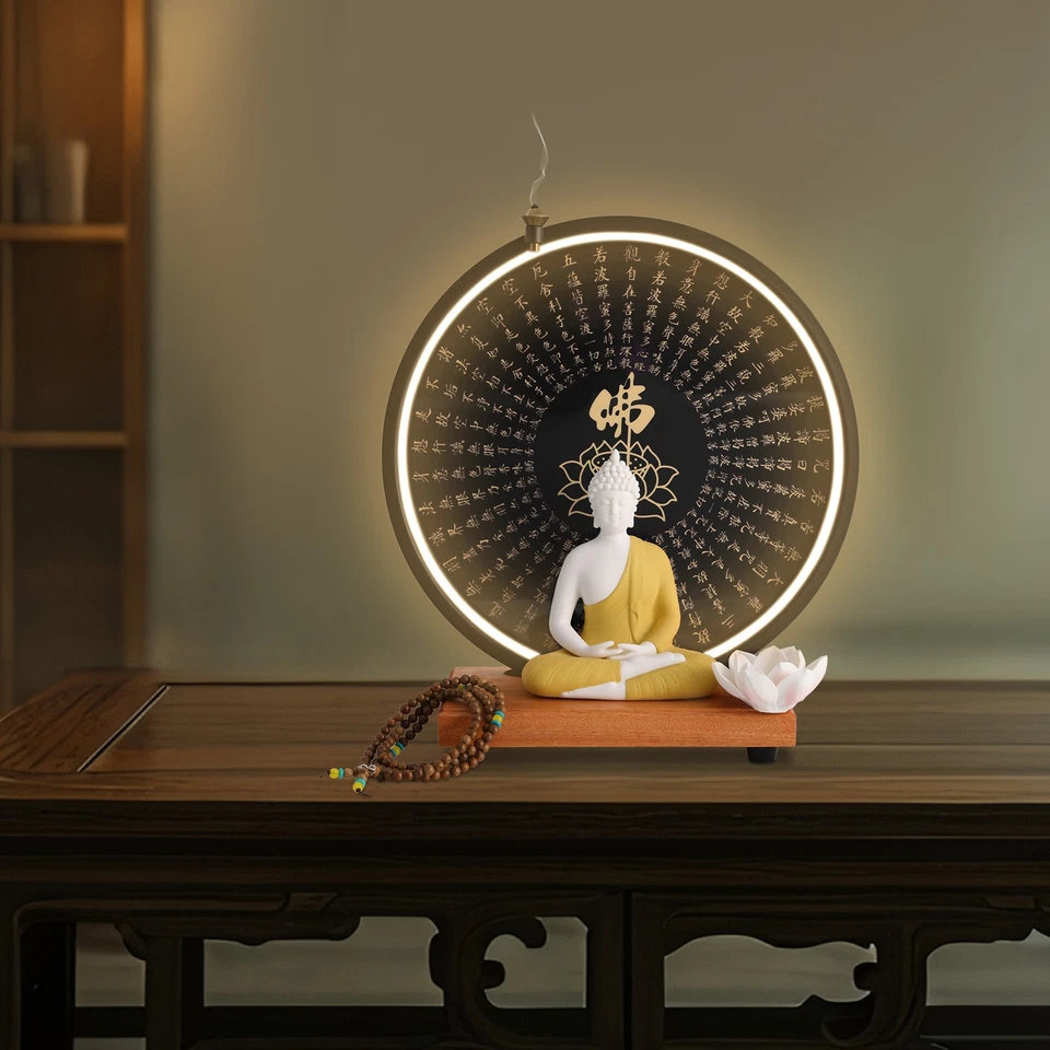 Decoración de Estatua de Buda, Estatua de Buda de Cerámica con Círculo Lámpara LED para Hogar Foto 3 de 4