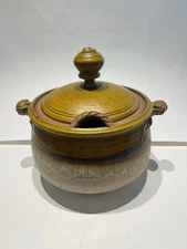 COOL! Stoneware Covered Soup Tureen Brown Abstract Studio Art Pottery Signed