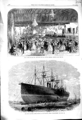 Alter antiker Druck 1867 Großes Ostschiff Mersey Ball Artillerie Finsbury 19.