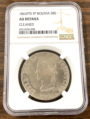 1863 PTS FP BOLIVIA 8 Soles - NGC AU DETAILS - Cleaned