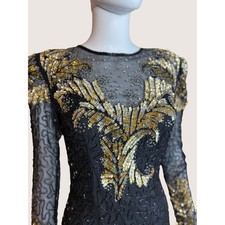Vintage Black Gold Sequin Beaded Cocktail Dress Sheer Long Sleeve