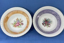 PAIR Japanese Bowls With  Iridescent Gold And Purple Trim,  Floral Centers,  7"