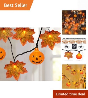 13.6Ft Fall Decor Maples Leaf Pumpkin String Lights, Hanging Outdoor Thanksgi...