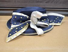Giovanna Signature Navy Blue Church Hat Rhinestone Bow Wide Brim Elegant