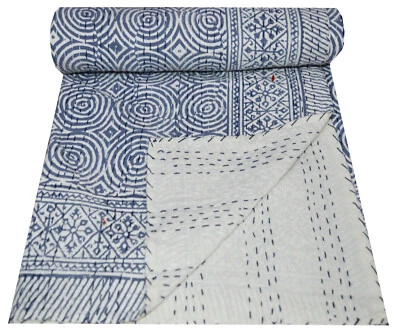 Indian Cotton Hand Block Print Kantha Bedspread Handmade Quilt Twin Size Blanket