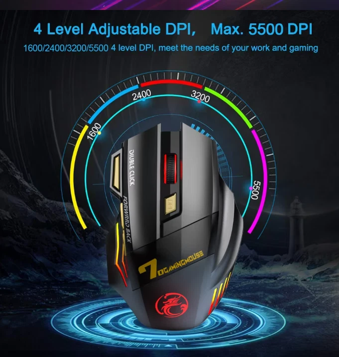 Souris de Jeu Gaming sans fil Mouse Gamer PC Ordinateur 7 boutons 5500 DPI - Photo 3/4