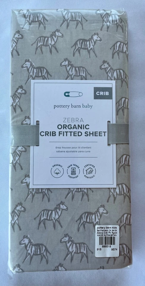 NUEVO CON ETIQUETAS Pottery Barn Niños Bebé Cebra Algodón Sábana Ajustable Cuna Taupe Beige Animales Foto 2 de 3