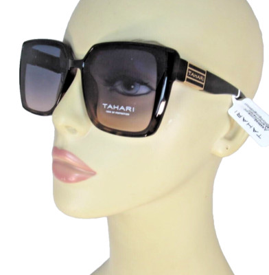 Tahari Oversized Black Plastic Sunglasses Black Enamel Logo Plate TH917-OX