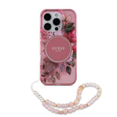 Guess für iPhone 16 Pro Max Flowers Handykette Magsafe Schutzhülle mit Band