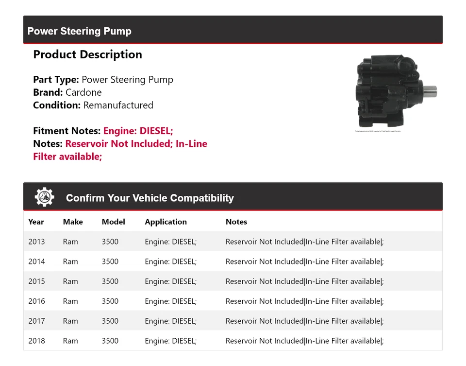 Bomba de dirección asistida diésel Cardone para Ram 3500 2013-2018 2014 2015 2016 2017 Foto 2 de 4
