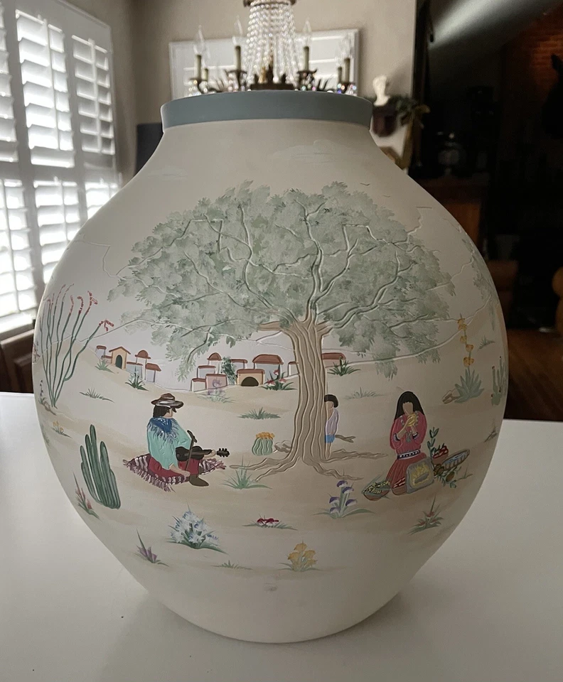 GRAN JARRÓN DE CERÁMICA LUMINARIA GRABADO A MANO PINTADO A MANO VINTAGE Foto 4 de 4