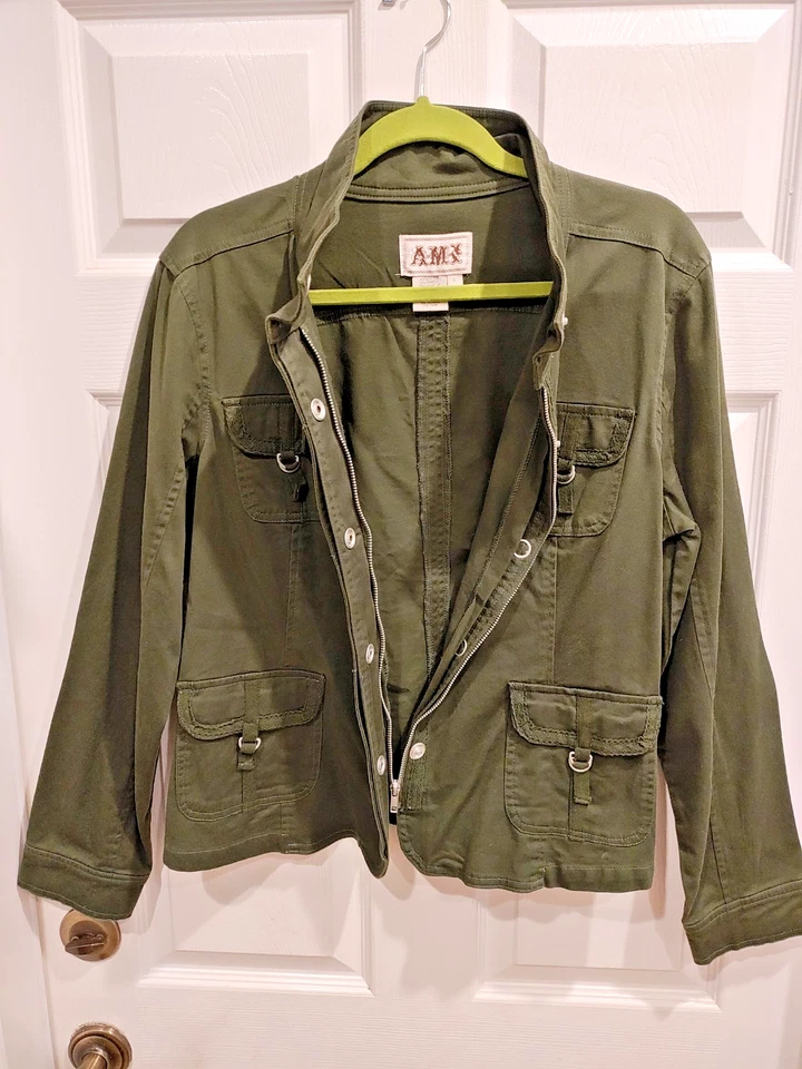Chaqueta de Camionero AMI Para Mujer Grande Verde Oscuro Mezcla de Algodón Cremallera/A Presión Artística Boho Foto 3 de 4