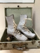 Vintage 1950's Roller Skates White w/Wooden Wheels and Original Metal/Wood Case