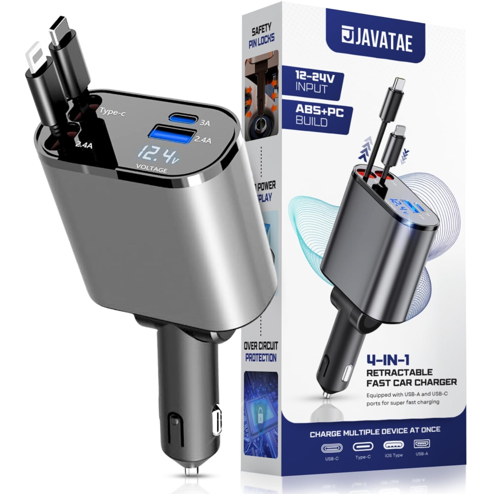 Retractable Car Charger | 4 in 1 Fast Car Charger Adapter with Dual Retractab...