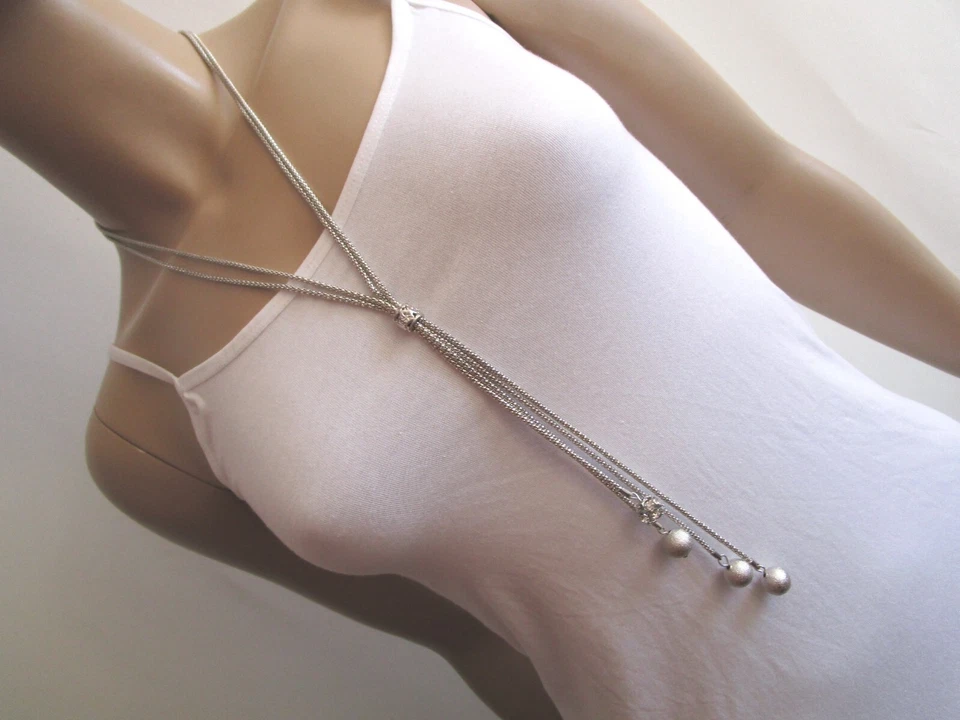 Damen Hals Kette lang Y Modekette Silber Kugeln Perlen Strass Lagenlook Trend - Bild 2 von 4