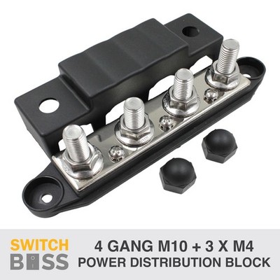 4 GANG M10 BLACK Power Distribution Block Bus Bar Terminal Post Stud 12v 24v