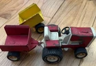 TONKA Vintage 70’s Lawn Tractor & 2 Trailers Red Yellow pressed steel Farm Mini
