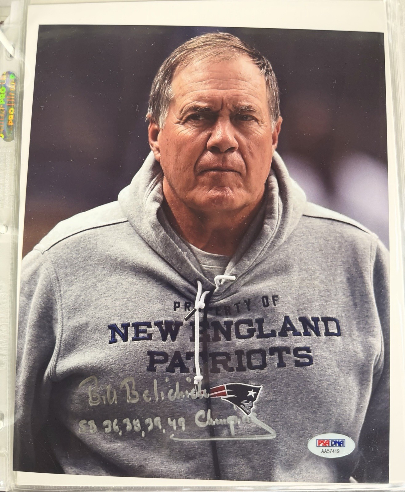Bill Belichick Signed 8x10 Photo “SB 36,38,39,49 Champions” PSA/DNA Patriots view 2